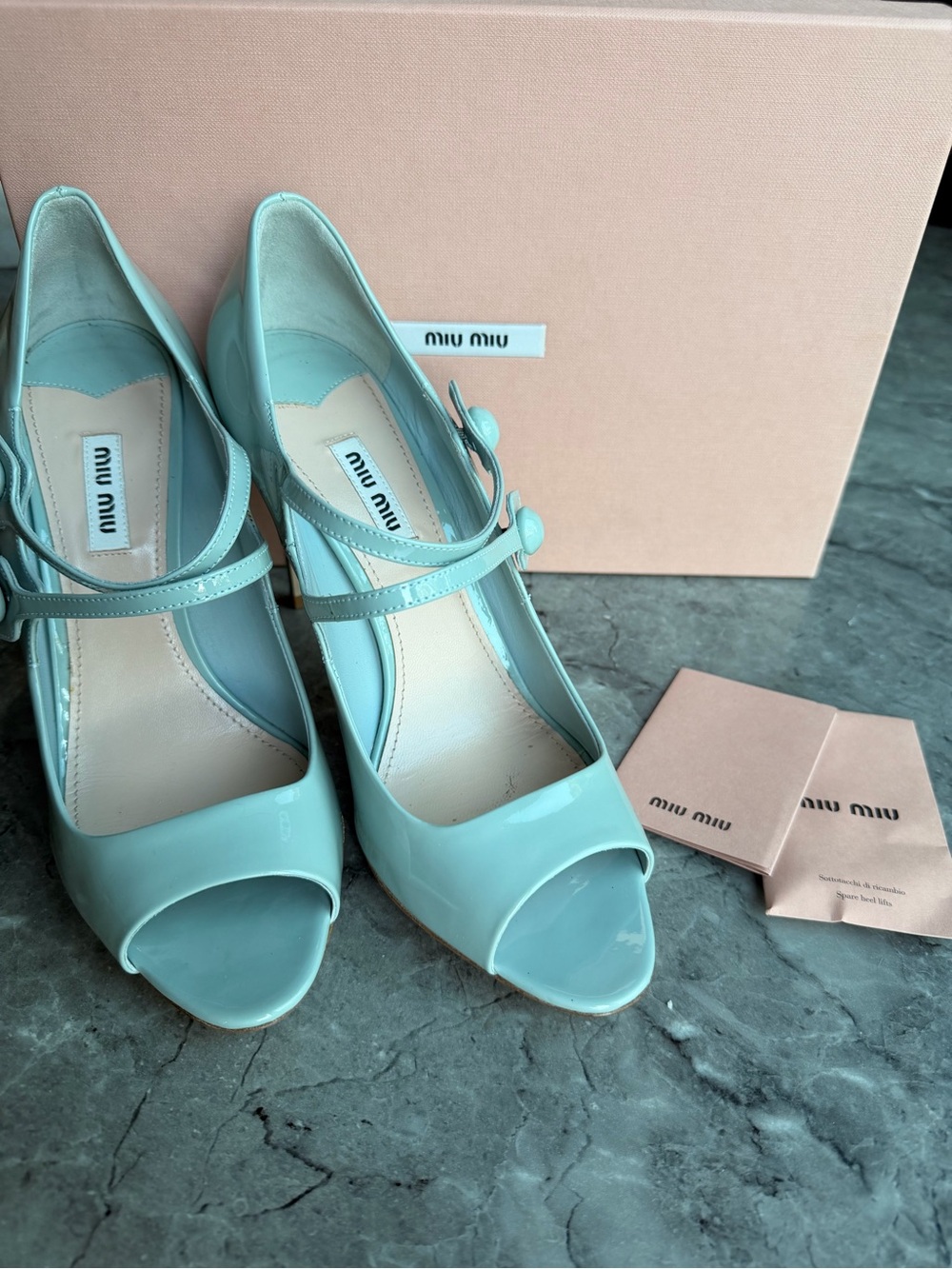 Miu Miu Mint Green Patent Leather Mary Jane Peep-Toe Heels